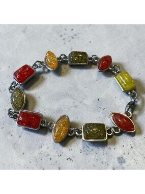 Multicolor Amber Stone & Sterling Silver Link Bracelet 7.5 Inches Lobster Clasp